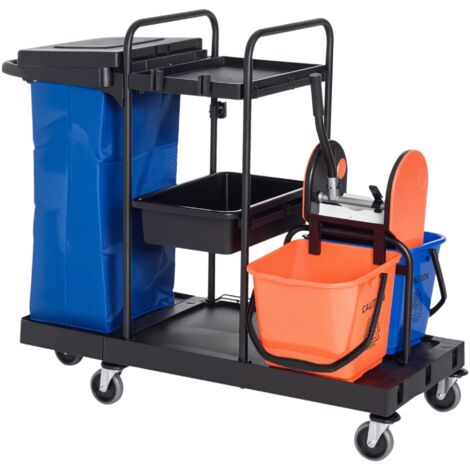 HOMCOM Chariot de Nettoyage 3 Niveaux avec Essoreuse, 2 Seaux 18L, Sac Poubelle et 4 Roues pour Hôtel et Restauration (1/5)