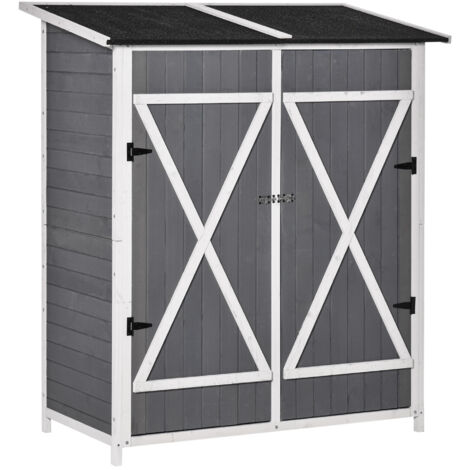 Outsunny Abri de Jardin en Bois avec Toit en Asphalte, Armoire de Rangement Extérieur 2 Portes, Design Antidérapant avec Clous au Sol, 139 x 75 x 160 cm Gris+Blanc (1/5)