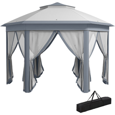 Pavillon hexagonal 4x4m avec toit ventilé, moustiquaires et imperméable, couleur gris/blanc (1/5)
