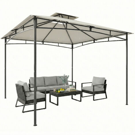 Pavillon de Jardin 3x3m Imperméable et Résistant à l'Hiver avec Toit Double et Châssis Rétractable en Blanc Crème