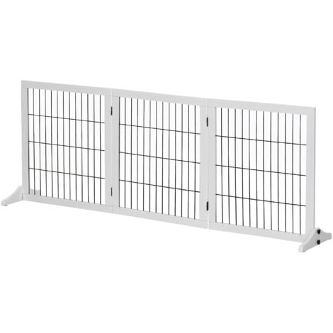 Panneau de barrière pour chien autoportant avec pieds 185 x 71 cm bois, grille de protection pour chien, barrière d'escalier, barrière de porte, cuisine, couloir, 3 panneaux, blanc (1/5)