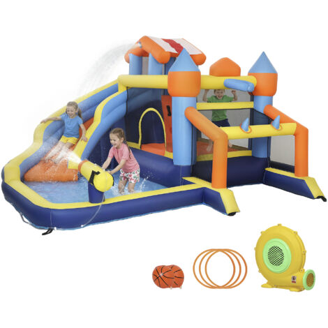 Lot 8-en-1 château gonflable avec souffleur, toboggan, piscine, trampoline, mur d'escalade pour intérieur extérieur 350x325x210cm multicolore