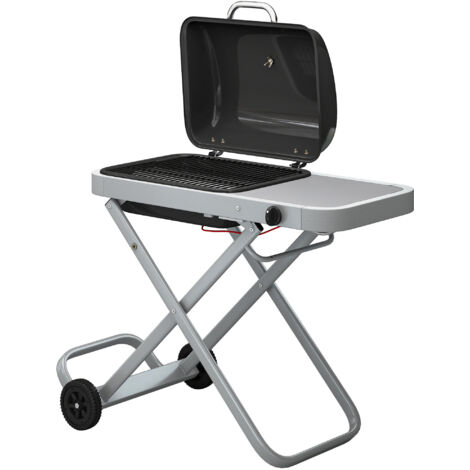 Barbecue gaz portable 1 brûleur 2,5kW chariot pliable avec grille, table latérale, couvercle et thermomètre (1/5)
