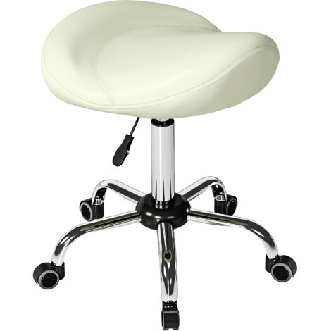 Tabouret de selle réglable en hauteur avec roulettes en similicuir PU pour massage, spa, clinique, institut de beauté et tatouage, blanc crème (1/5)