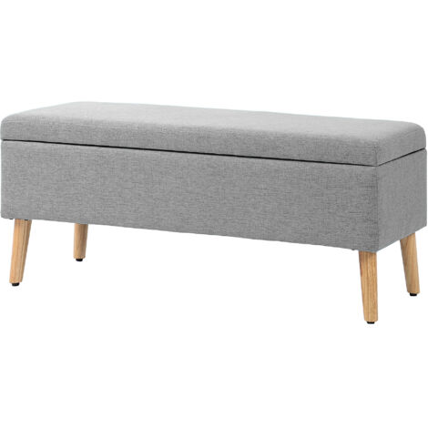 Banquette rembourrée avec rangement, revêtement aspect lin, pieds en bois d'hévéa, capacité jusqu'à 220 kg, 110x39x45cm, Gris (1/5)