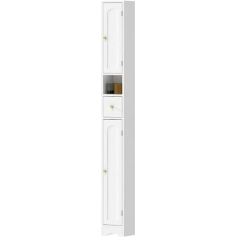 Meuble de salle de bain étroit blanc 20x20x185 cm avec tiroir, portes bombées, compartiment ouvert et étagère réglable (1/5)
