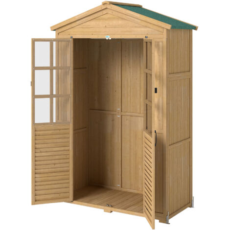 Armoire de jardin en bois avec étagère, fenêtres acryliques, porte verrouillable, plancher, toit en asphalte et panneau de ventilation (1/5)