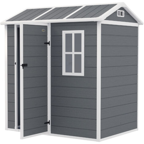 Abri de jardin avec plancher, fenêtres et porte verrouillable, résine plastique, gris, résistant aux intempéries (1/5)