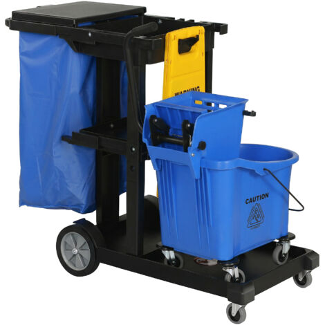 Chariot de nettoyage roulant, 3 étagères, sac poubelle 70L, seau essoreur serpillière, bleu (1/5)