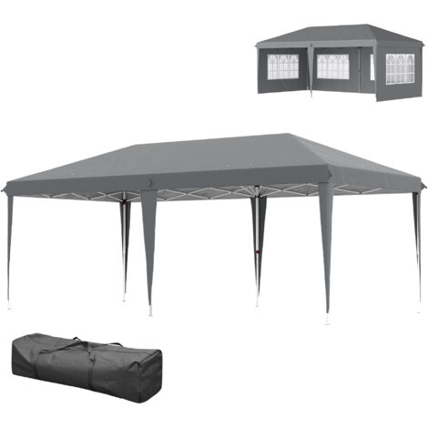 Pavillon imperméable pliable 3x6m avec 4 parois latérales, fenêtres, protection UV et sac de transport gris (1/5)