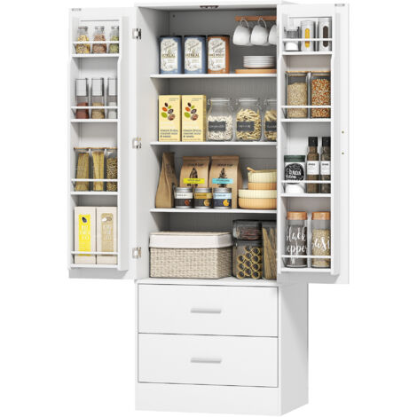 Armoire de cuisine 159 cm, étagères réglables, 2 tiroirs, pour cuisine et salle à manger, en panneau de particules et MDF, blanc (1/5)