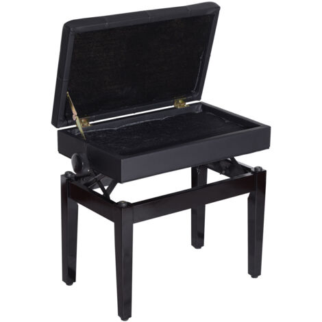 Tabouret de piano réglable en hauteur, banquette avec coffre de rangement, piètement bois, assise similicuir noir, pour salle de musique, charge max 200 kg, 54,5 x 33 x 48-58 cm (1/5)