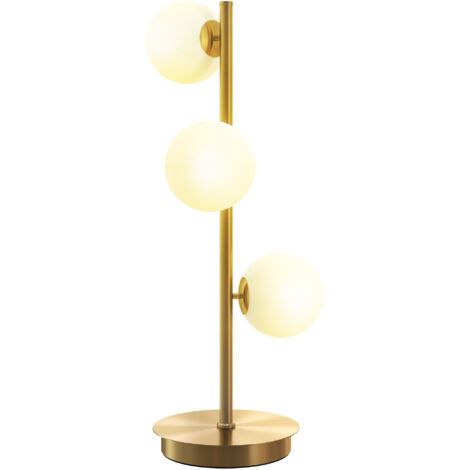 Lampadaire de table avec 3 abat-jour sphériques, pied en acier robuste, douilles G9, 24 x 24 x 53 cm, finition laiton (1/5)