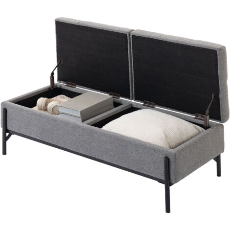Coffre de rangement en lin, banquette de lit avec 2 compartiments, couvercles relevables et rembourrage épais, 117 x 50 x 44 cm (1/5)