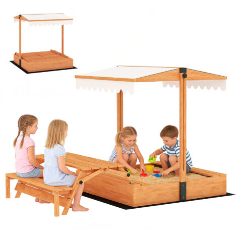 Bac à sable avec toit en bois, table de pique-nique rabattable et bancs pour enfants 3-8 ans, 184 x 110 x 120 cm, marron
