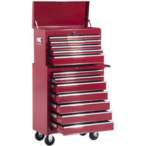 Coffre à outils mobile rouge, chariot d'atelier avec tiroirs verrouillables, compartiment à outils, clés et tapis antidérapants, vide (1/5)