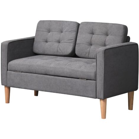 Canapé 2 places avec rangement, piètement bois, assise rembourrée velours gris pour salon chambre 117x62x78 cm (1/5)