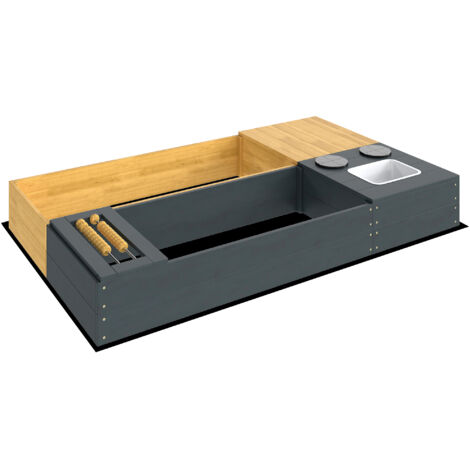 Coffre à sable en bois 2 pièces 150x90cm jaune avec bancs, rangement, cuisinière, évier amovible et boulier (1/5)