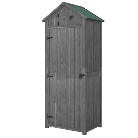 Outsunny Abstellschrank Holz, Schuppen wetterfest 77x54,2x179cm, Gerätehaus mit Tür und Satteldach, Regalschrank mit Böden, Werkzeugschuppen für Garten, Terrasse, Grau+Grün (1/5)