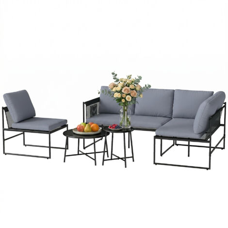 Salon de Jardin Lounge Set 4-5 Personnes, Canapé 2 Places, Table Basse, Fauteuil, Coussin Lavable Épais (1/5)