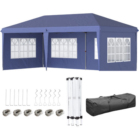 Pavillon pliable 6 x 3 m, semi-ouvert, parois latérales amovibles, grandes fenêtres, sac de transport, cadre en acier, bleu