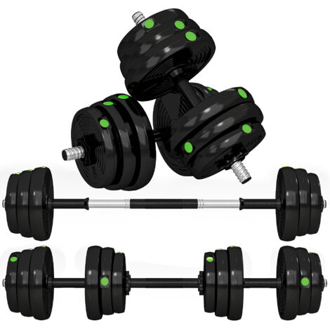 Haltères 2-en-1, Barre et Poignées, 25 kg, Antidérapant, Protège Sol, Noir/Vert (1/5)