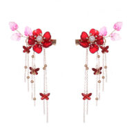 1pair Chinese Hair Accessories Red Flower Hairpins Vintage Dress Headwear Long Butterfly Tassels Hair