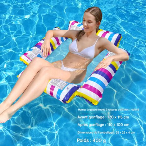 Hamacs gonflables de piscine à thème tropical, modèles quadruples avec porte-gobelets, lits flottants portables - hamacs à rayures colorées à quatre tubes(pompe non requise) (1/5)