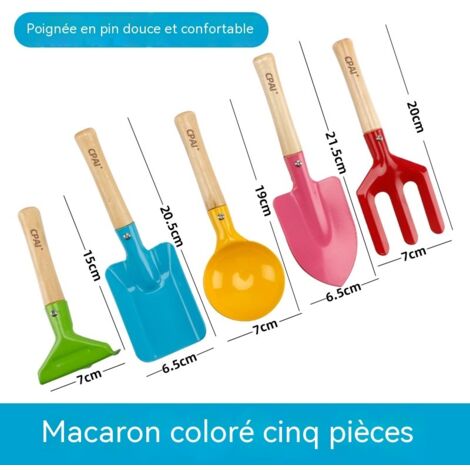 Ensemble d'outils de jardinage pour enfants 5 pièces, outils colorés avec manche en bois, pelles + râteau + houe, idéaux pour jardin, plage et succulentes