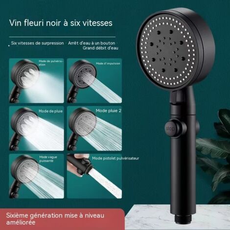 Ensemble de douche à main haute pression 6 jets (brouillard, pulsations, pluie, jet puissant, pistolet de pulvérisation, etc.), noir, idéal pour la salle de bain (1/5)