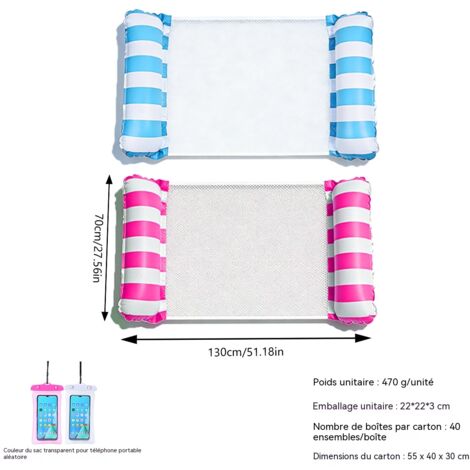 Hamac gonflable rayé pour piscine,fauteuil flottant aquatique à 2 bouées,matelas gonflable portable pour adultes et enfants-Rose+Bleu+Poche pour téléphone portable(sans pompe)(rayé)(2 pièces)