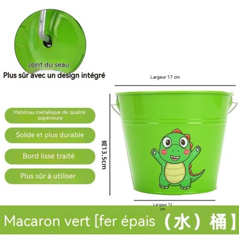 Seau en métal pour enfants, seau coloré épais avec poignée sécurisée, idéal pour jardin, plage et jeux-vert