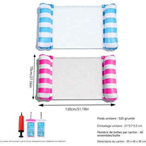 Hamac gonflable rayé pour piscine, fauteuil flottant aquatique à 2 bouées, matelas gonflable portable pour adultes et enfants - Rose + Bleu + Poche pour téléphone portable + Pompe (2 pièces)