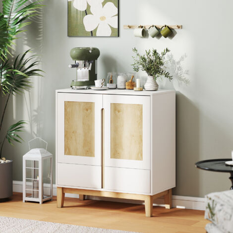 Buffet, meuble de rangement avec 2 portes, 2 tiroirs et étagère réglable, 80 x 40 x 86 cm, blanc et chêne (1/5)