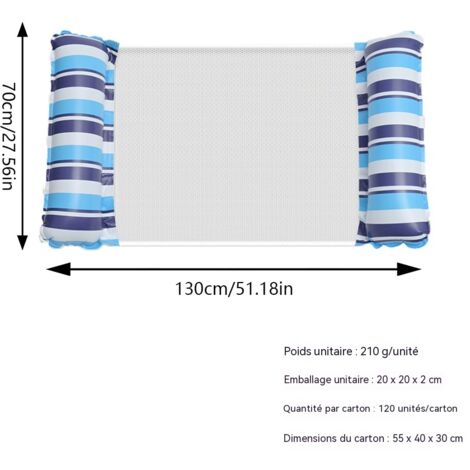 Hamac gonflable rayé pour piscine, chaise longue aquatique 2 barres, bouée portable pour adultes et enfants - Bleu (Pompe à air) (Rayée) (1 unité)