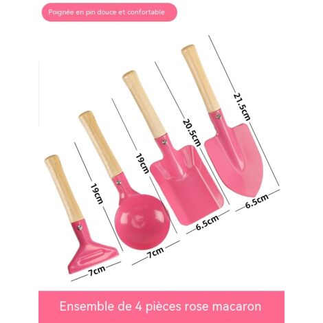 Ensemble d'outils de jardinage pour enfants 4 pièces, outils colorés avec manche en bois, pelles + râteau, parfaits pour enfants, jardin et plage-rose