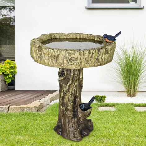 Abreuvoir à oiseaux en béton imitation bois avec oiseau décoratif artificiel, hauteur 62 cm x diamètre 46 cm (1/5)