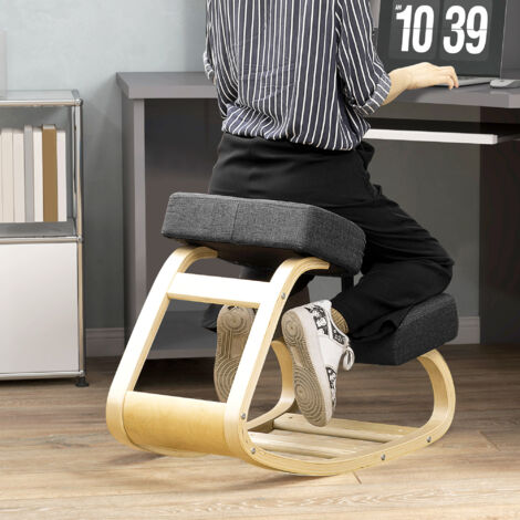 Siège assis-genoux ergonomique chaise à genoux coussin confortable à bascule en tissu et bois (1/5)