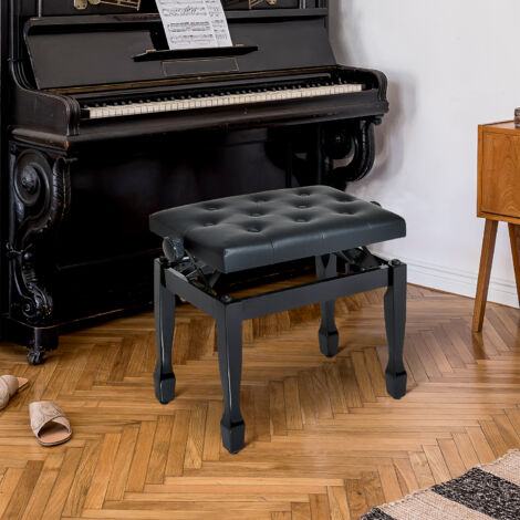 HOMCOM Banc de piano, banc de clavier réglable en hauteur en bois massif, tabouret piano avec siège rembourré polyuréthane à 10 boutons, stable et antidérapant, charge 200kg, noir (1/5)