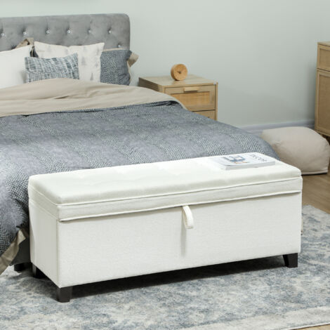 Banc de rangement 112L banquette bout de lit en tissu de lin, siège capitonné, 120 x 40 x 48 cm, crème (1/5)