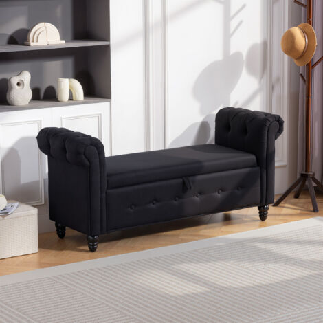 Banc banquette coffre 2 en 1 en tissu aspect lin avec pieds en bois 146,5 x 49 x 72 cm noir (1/5)