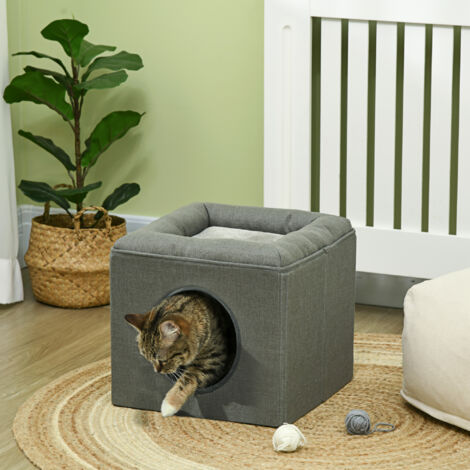 Maison niche pour chat 2 niveaux avec coussin moelleux en peluche - 36,5 x 36,5 x 33 cm gris (1/5)