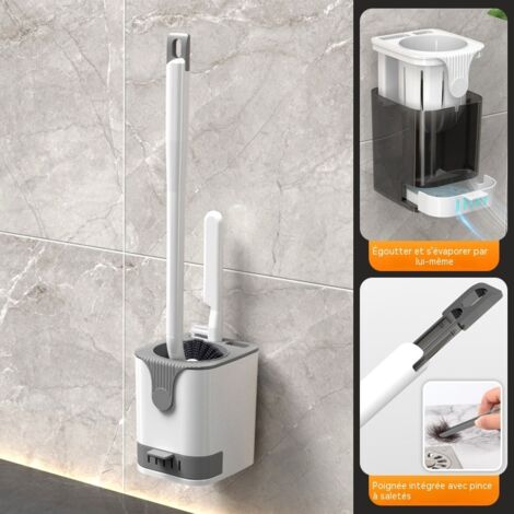 Ensemble brosse WC murale, brosse WC avec égouttoir et filtre à peluches, outil de nettoyage de salle de bain sans perçage - Blanc (1/5)