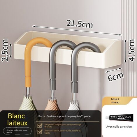 Porte-parapluies à long manche, blanc, à coller sans perçage, pour entrée, avec égouttoir intégré