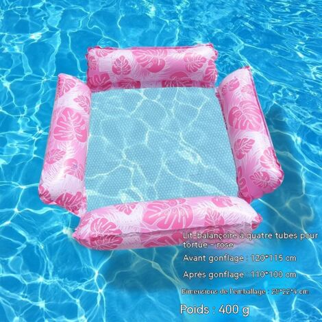 chaise longue de piscine à quatre poteaux avec porte-gobelet,hamac flottant portable avec quatre boudins, motif feuille de Monstera, rose (pompe à air incluse) (1/5)
