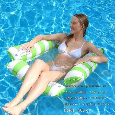 Hamac flottant gonflable de piscine style tropical,chaise longue de piscine à quatre poteaux avec porte-gobelet,lit flottant portable Lit flottant-Hamac rayé vert à quatre poteaux(gonfleur inclus) (1/5)
