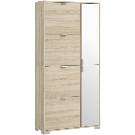 Meuble à chaussures avec 4 abattants, 2 placards et façades miroir pour 16 paires de chaussures, meuble d'entrée (1/5)