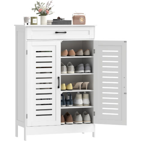 Meuble à chaussures 20 paires, armoire à chaussures avec 2 portes persiennes, tiroir et étagères réglables, blanc (1/5)