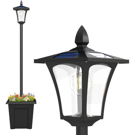 Lampadaire solaire d'extérieur avec pot de fleurs, lampe sur pied étanche, 160 cm de haut, convient aux jardins, terrasses et allées, noir.