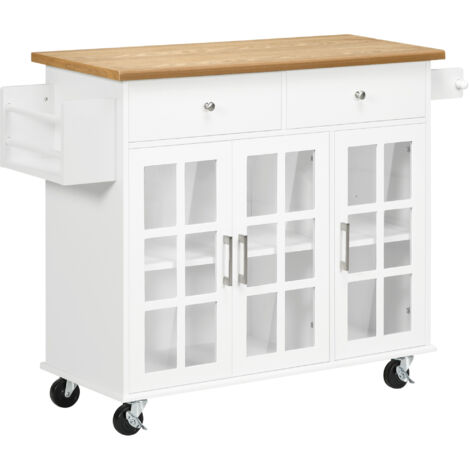 Chariot de cuisine à roulettes, îlot de cuisine avec 2 tiroirs, 3 portes en verre trempé et porte-serviettes, 124,5 x 39,5 x 90 cm, blanc (1/5)